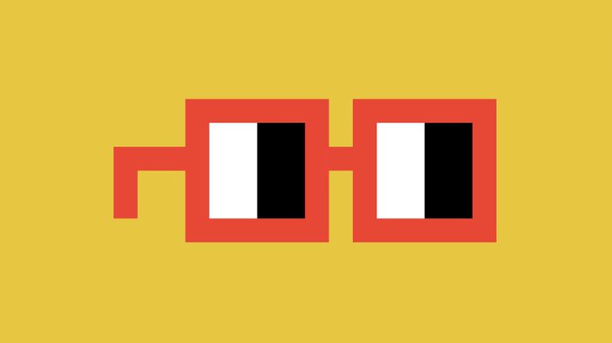 The image features an eye-catching logo for the Nouns experiment, which was launched on August 8, 2001, by a group of 10 contributors known as the Nounders. The logo consists of two red glasses with black frames, set against a yellow background. Each pair of glasses is composed of 32 pixel characters, creating a unique and memorable visual identity for the Nouns experiment.