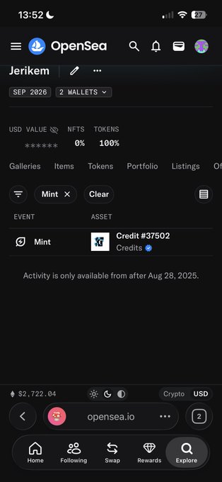 A screenshot of the OpenSea mobile app showing a profile for 'Jerikem' with a September 2026 timestamp, displaying NFT activity and a wallet value of $2,722.04.