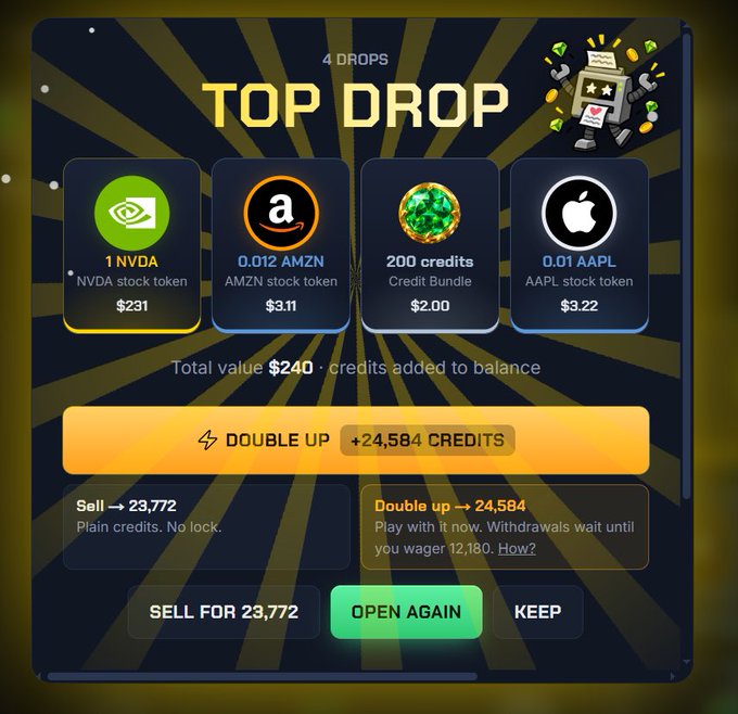 The image is a screenshot of a "Top Drop" rewards screen on what appears to be the BTC Ordinals app, displaying 4 drops including 1 NVDA stock token ($231), 0.012 AMZN ($3.11), 200 credits ($2.00), and 0.01 AAPL ($3.22), totaling $240 in credits. It shows payout options of "Sell for 23,772" or "Double up" to 24,584 credits, illustrating the $231 NVDA gain highlighted in the tweet to showcase the app's profit-making potential.