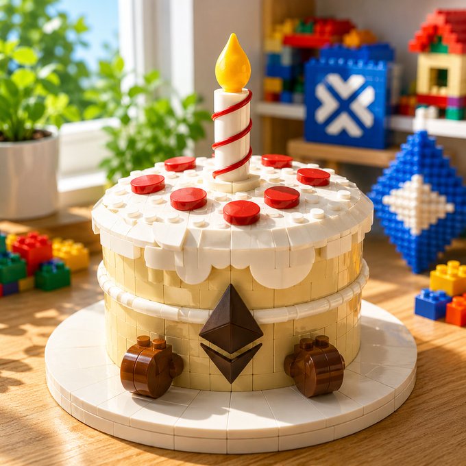 LEGO-style birthday cake with an Ethereum logo decoration, a candle, and colorful building blocks in the background.