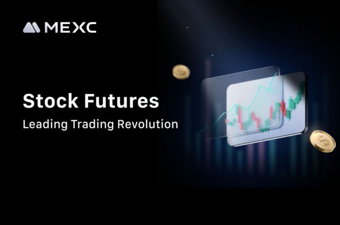 A promotional graphic for MEXC Stock Futures featuring the text 'Leading Trading Revolution' alongside a 3D rendering of a stock chart with candlesticks and floating gold coins.