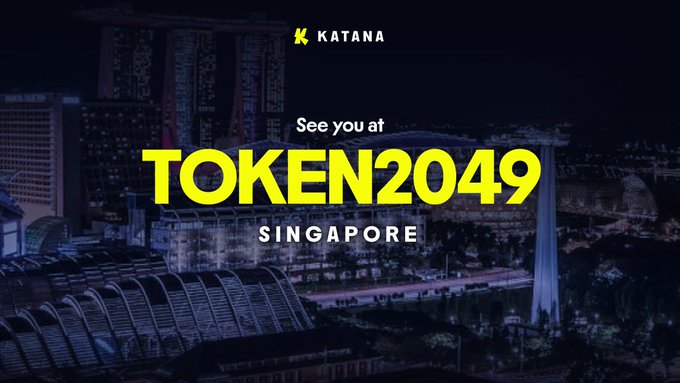 Promotional banner for KATANA at TOKEN2049 Singapore, set against a nighttime cityscape of Marina Bay Sands.