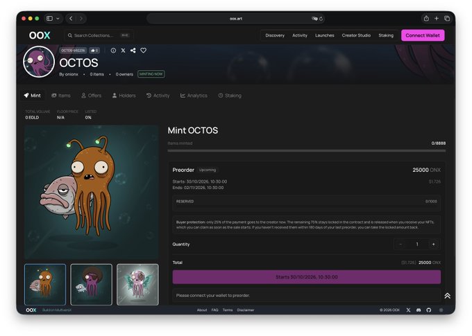 An OOX collection page for “OCTOS” displays a Mint OCTOS NFT, including a 0.8888 edition, a preorder price of 25,000 OKX, and a starts date of “30/11/2026, 10:30:00.”