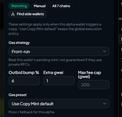 A settings panel for a crypto copy-trading wallet showing a "Front-run" gas strategy with an Outbid bump of 6%, Extra gwei of 1, and Max fee cap of 200 gwei, labeled as "Watching" with a "Find side wallets" option—reflecting the poster's casual "cool" reaction to the configuration.