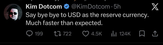 A screenshot of a tweet by Kim Dotcom (@KimDotcom) reading "Say bye bye to USD as the reserve currency. Much faster than expected," with 4.5K likes and 124K views, reinforcing the accompanying post's "READY FOR THE RESET? #XRP IS KEY" narrative by highlighting the decline of USD dominance.