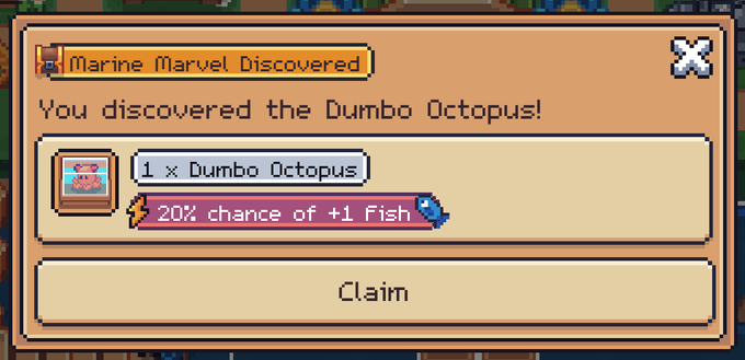 The screenshot displays a "Marine Marvel Discovered" notification from the game Sunflower Land, announcing the discovery of a "Dumbo Octopus" with a "20% chance of +1 Fish" attribute. This relates to the post about White Shark hunting getting an upgrade, as the Dumbo Octopus is a marine creature that likely enhances fishing rewards in the game.