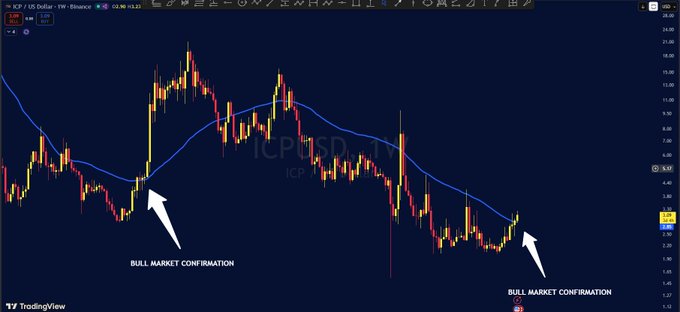 A TradingView candlestick chart for ICP/USD with a moving average line, featuring two white arrows pointing to price action labeled 'BULL MARKET CONFIRMATION'.