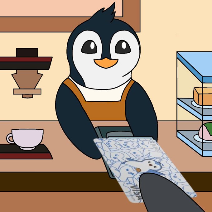 The image features a cartoon penguin sitting at a coffee shop counter, holding a card with a picture of a snowman on it. The penguin appears to be handing over the card to someone else who is standing behind him. In front of them are various items such as cups and cakes, suggesting that they might be enjoying some refreshments while engaging in this transaction. The post about KAST and digital payments emphasizes how people can use their cards for real-life transactions instead of just using crypto for investments or transactions.