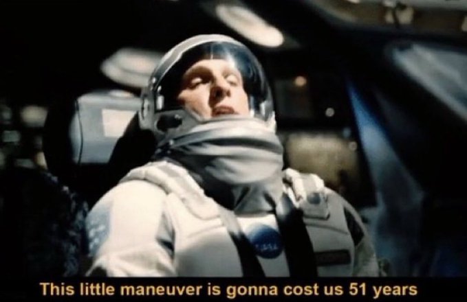 The image features a mannequin dressed as an astronaut, wearing a white spacesuit with a helmet that has "ISS" written on it. The mannequin appears to be sleeping or resting comfortably while sitting inside a vehicle. Below the mannequin's head is text that reads "Little Maneuver is gonna cost us 51 years". This message seems to be related to the post about the astronaut, possibly suggesting an advertisement for a product or service related to space exploration or astronaut training programs.

The image and its accompanying caption are part of a larger social media post featuring a mannequin dressed as an astronaut. The post includes text that reads "ISS top blowing SPCX at 225 in my 401k". This message is likely meant to draw attention to the post about the astronaut, possibly promoting a product or service related to space exploration or astronaut training programs.

The image and its caption are part of a larger social media post featuring an advertisement for a product or service related to space exploration or astronaut training programs.