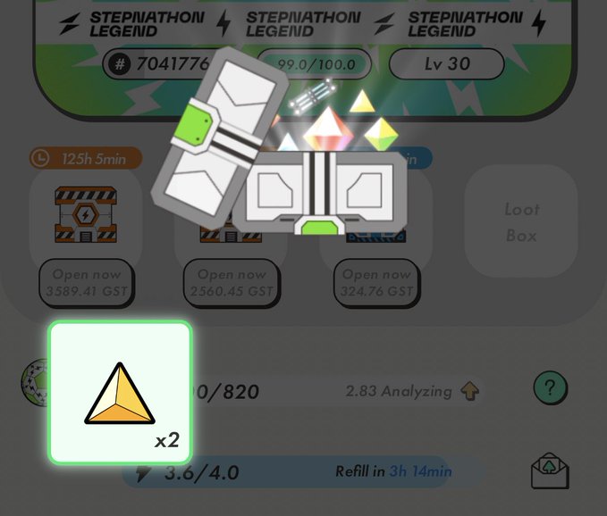 A screenshot from a mobile game titled 'STEPNATHON LEGEND' showing level 30, 99.0/100.0, loot boxes costing various amounts in GST, and a triangular item with 'x2' quantity.