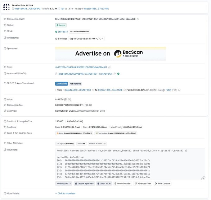 The image displays a BscScan transaction details page showing a suspicious transfer of 8.72 million Fetch.ai (FET) tokens worth approximately $1,533,131.66 from address 0xa424A43...7D5ADF3A3 to 0x2dcc1b85...37cc21dfe, with 0 ETH value—directly illustrating the FET token hack referenced in the accompanying post.