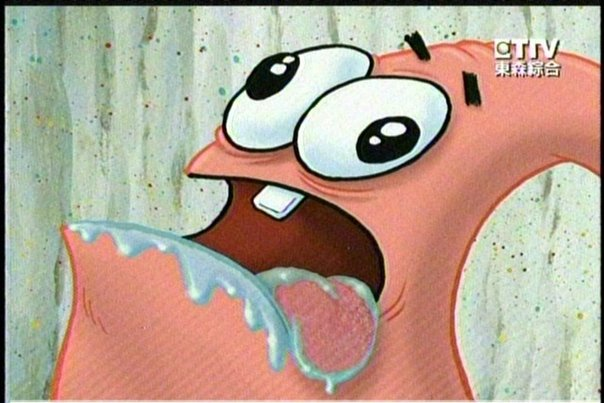 A close-up of Patrick Star from SpongeBob SquarePants with wide, shocked eyes and drool dripping from his mouth, paired with a CTV watermark (乘務綜合) in the upper right corner. The exaggerated, stunned expression humorously mirrors the post's "narrative collapse" mood, as if reacting in disbelief to the rapid two-hour rise and fall of the discussed stock tickers (Nasdaq, Farmmi).