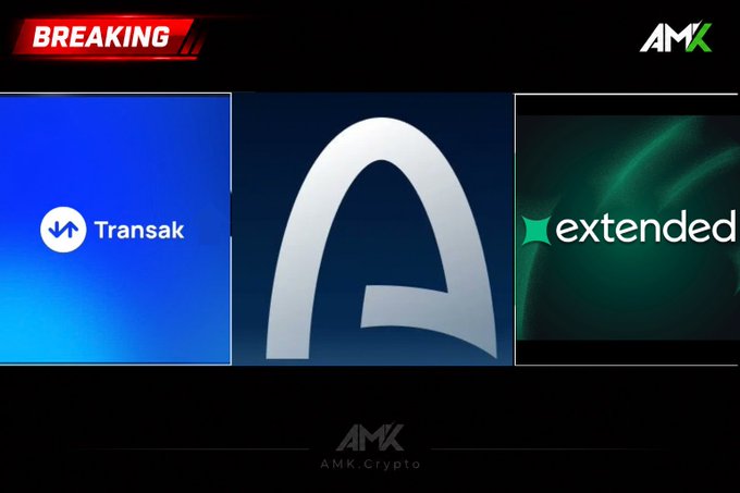 A breaking news graphic from AMK.Crypto featuring three panels showing logos for 'Transak', a stylized 'A', and 'extended' on green and blue backgrounds.