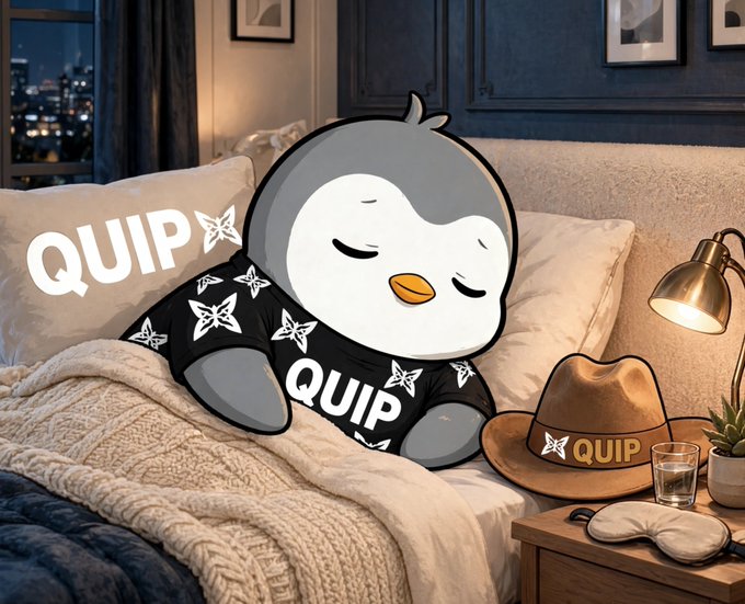 A cozy nighttime scene features a plush penguin wearing a "QUIP" branded shirt sleeping peacefully on a bed, with a matching QUIP hat resting on the nightstand beside a sleeping mask. The image reinforces the post's message about winding down after a productive day reviewing Quip Network's documentation on their quantum-safe firewall technology for EVM contracts.