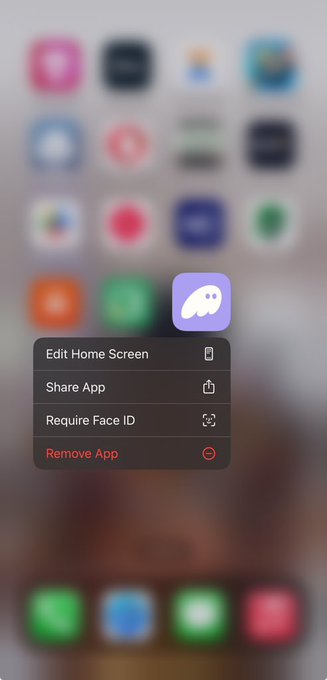 A blurred smartphone home screen shows a context menu opened on an app icon with options including 'Edit Home Screen,' 'Share App,' 'Require Face ID,' and 'Remove App.'
