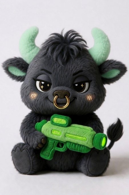 A cute, fluffy black bull plush toy with mint green horns holds a green toy sniper rifle and sports a nose ring and starry eyes, suggesting a playful, edgy "Tready Bull" character. The caption references AMG_studio11's high-quality art and hints at potential retail placement alongside a mention of Ansem.