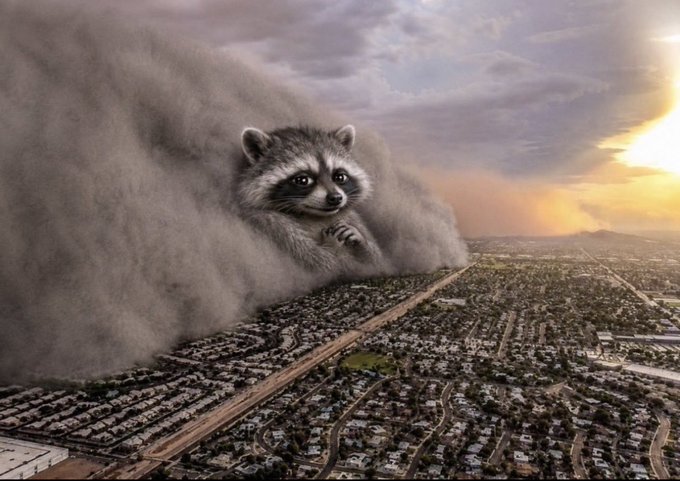 A giant dust storm in the shape of a smiling raccoon looms ominously over a sprawling suburban landscape, humorously personifying the chaos with the caption "And so it begins! Jimothy oooo Jimothyyyyyy" — suggesting the raccoon, dubbed "Jimothy," is unleashing destruction upon the city.