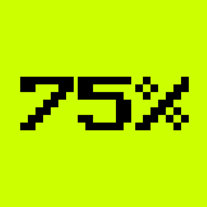 The image displays "75%" in large, pixelated black text on a bright neon green background, visually emphasizing the minting milestone referenced in the post about the McBrokers NFT collection.