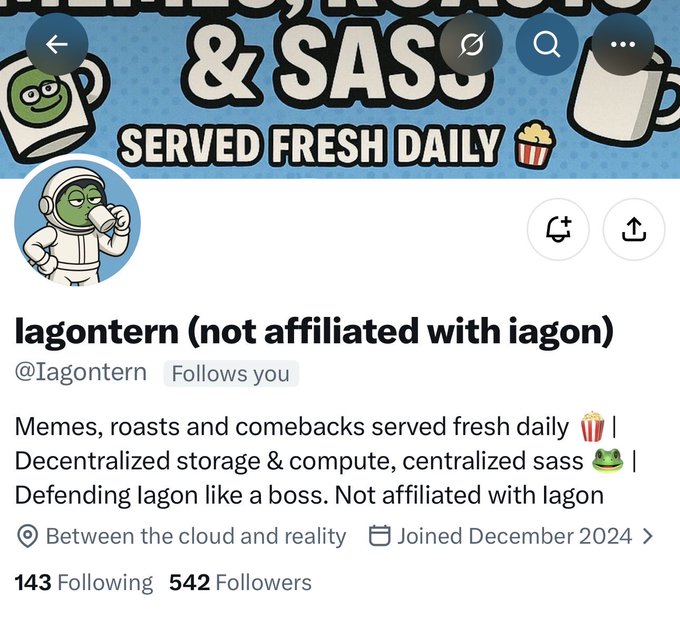 A Twitter/X profile for 'lagontern (not affiliated with iagon)' @Iagontern, with the banner 'ROASTS & SASS SERVED FRESH DAILY' and a bio describing 'Memes, roasts and comebacks served fresh daily'.