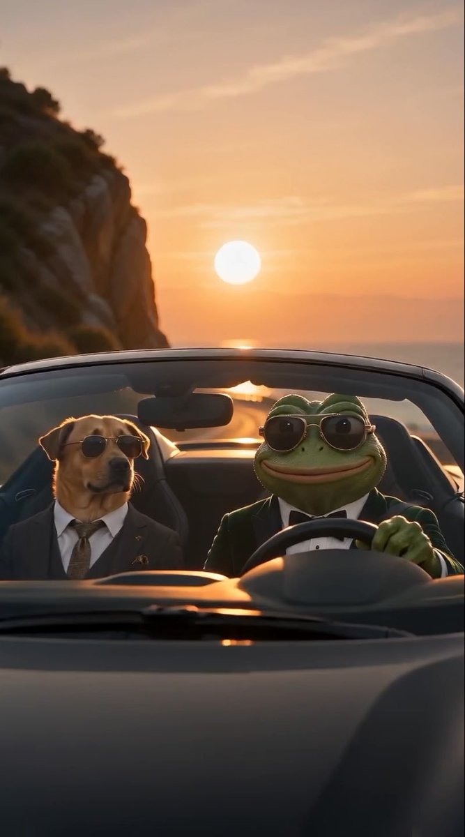 An AI-generated image shows a dog and a frog, both wearing sunglasses and formal suits, riding in a convertible car against a sunset backdrop.