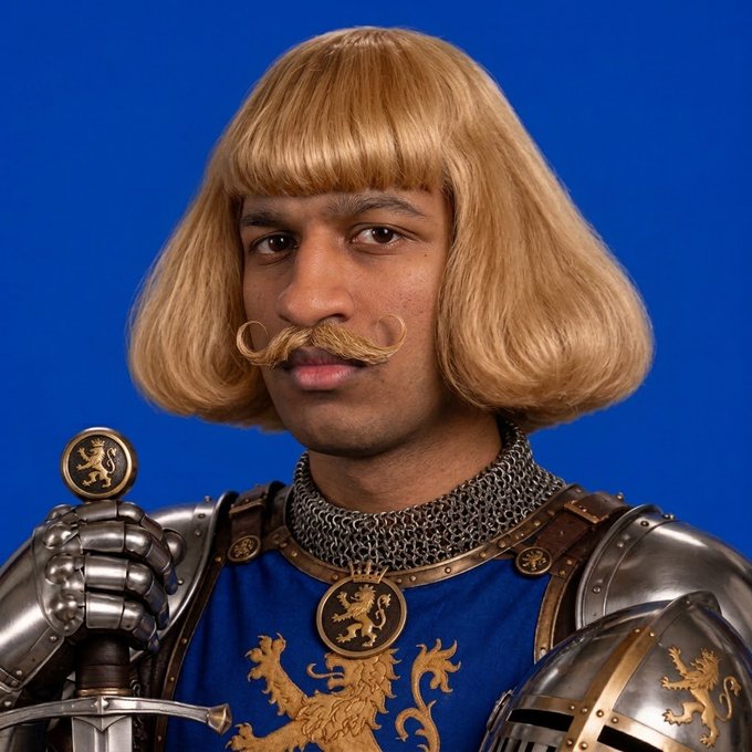 An AI-generated portrait of a medieval knight with dark skin, wearing a blonde bob-style wig, curled mustache, chainmail, and armor with golden lion emblems, holding a sword against a blue background.