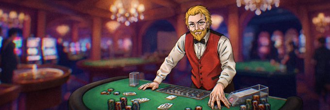 Anime-style artwork of a blonde, bearded casino dealer in a red vest standing behind a green poker table with chips and cards, set in an ornate casino interior.