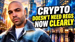 A YouTube-style thumbnail showing a man with a serious expression on the left side, with bold yellow and white text reading 'CRYPTO DOESN'T NEED REGS NOW CLEARLY' against a nighttime city skyline background.