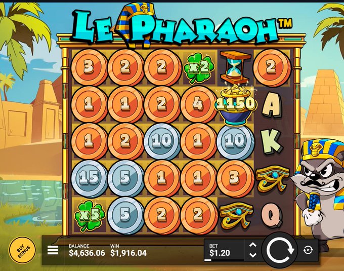 A screenshot of the "Le Pharaoh" online slot game shows a winning combination with a total win of $1,916.04 displayed at the bottom, while the post celebrates this payout as "LE BALDY FINNALY PAID" and requests viewers to drop their Gamdom usernames, suggesting the user won this amount while playing on the Gamdom gambling platform.