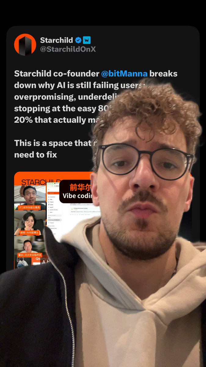 The image features a man wearing glasses, a white hoodie, and a black jacket with an orange logo. He has curly hair and is making a funny face for the camera. The caption of the image reads "he is speaking facts!". This means that the man in the photo is sharing some interesting or amusing information related to the post he's about to share on Twitter.

The post is titled "Starchild co-founder @Stardoodidx x Starchildoo", which indicates that it is a tweet from Starchild, a company based in London, UK. The man is going to tweet this message and include a link to the image of himself with the caption "he is speaking facts!".