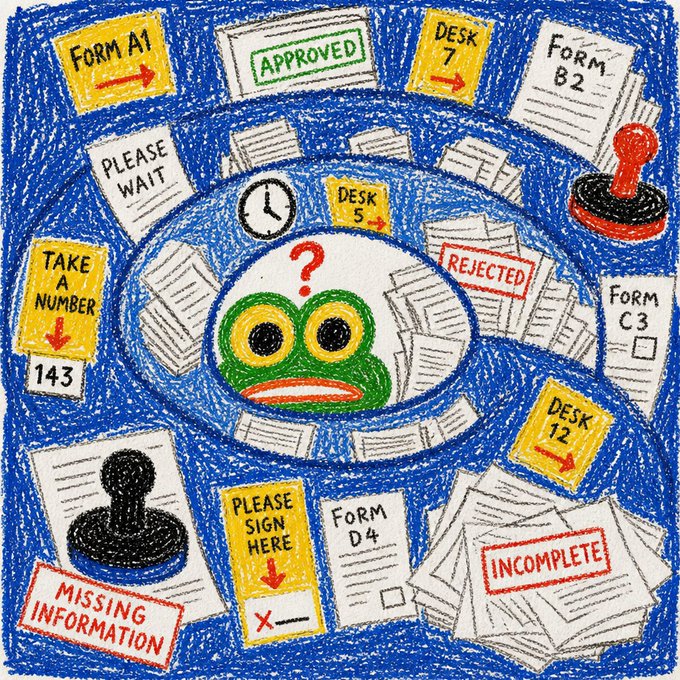 A hand-drawn illustration depicting a confused green character surrounded by bureaucratic paperwork, signs reading 'APPROVED', 'REJECTED', 'INCOMPLETE', 'PLEASE WAIT', 'MISSING INFORMATION', and various forms labeled with codes like 'Form A1' and 'Desk 7'.
