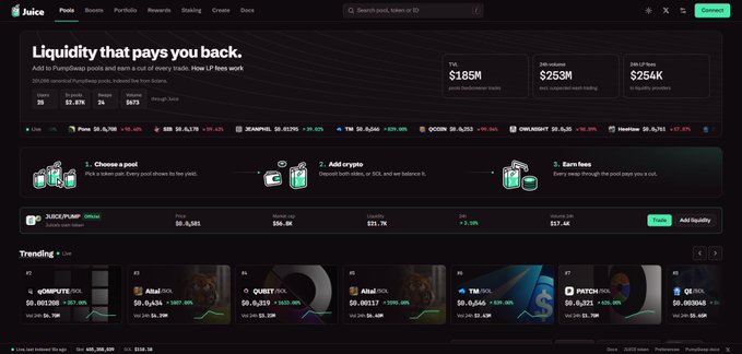 Screenshot of a cryptocurrency website 'Juice' displaying 'Liquidity that pays you back' with various pool stats including $185M locked and $254K in liquidity emissions.