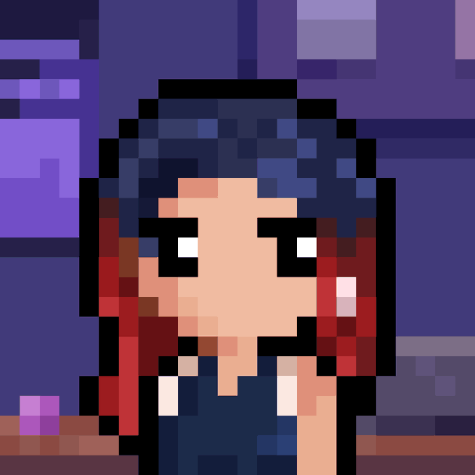 A pixel art portrait shows a character with dark hair and large eyes against a purple background.