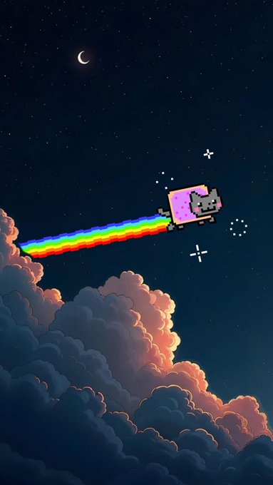 A pixel art Nyan cat flies through a night sky above clouds, leaving a rainbow trail behind it.