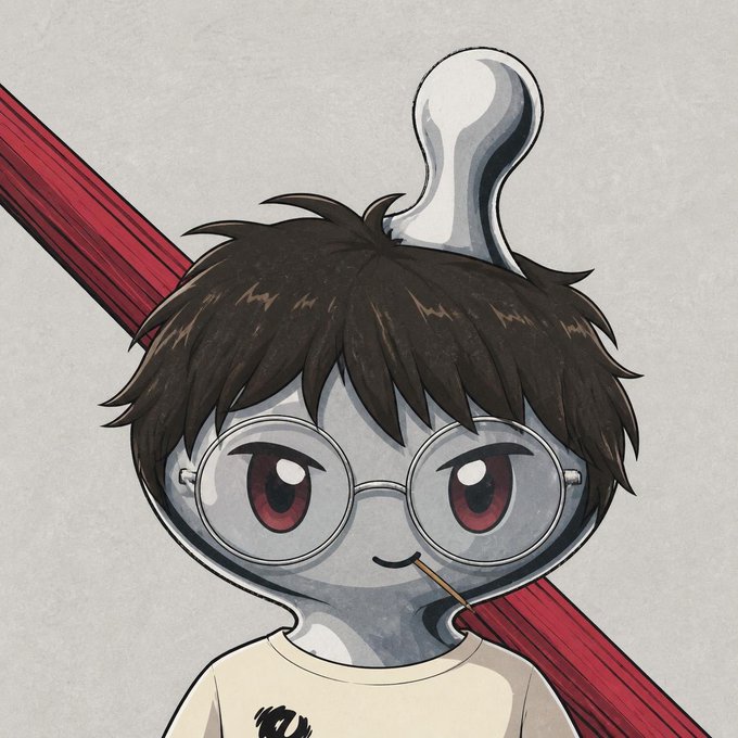 An anime-style illustration of a character with brown hair, round glasses, and a small smile, holding a red object over their shoulder against a light gray background.
