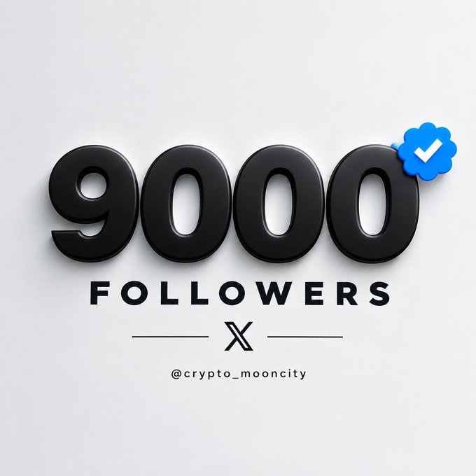 A social media milestone graphic displays "9000 FOLLOWERS" with an X logo and the handle @crypto_mooncity, alongside a blue verified checkmark.