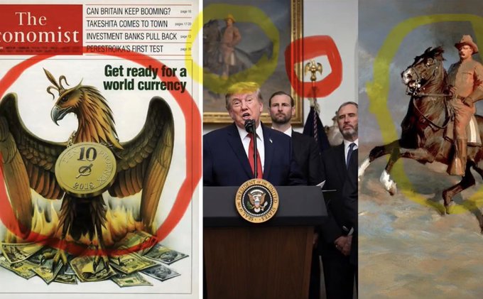 The image shows a collage featuring "The Economist" cover with an eagle holding a coin and the headline "Get ready for a world currency", a picture of Donald Trump speaking at a podium, and a painting of a man on horseback, all overlaid with yellow and red circles. This likely relates to the accompanying post's mention of "$XRP" and "@bearableguy123" by suggesting a connection between financial predictions, political figures, and possibly historical or symbolic imagery.