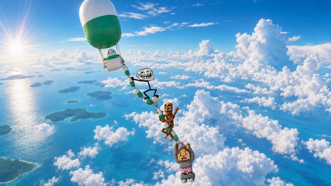 A troll face character and other figures are being pulled up a string of capsules towards a pill-shaped balloon, signifying progress upwards.