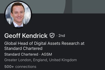 A LinkedIn profile preview for Geoff Kendrick, Global Head of Digital Assets Research at Standard Chartered, based in Greater London, United Kingdom.