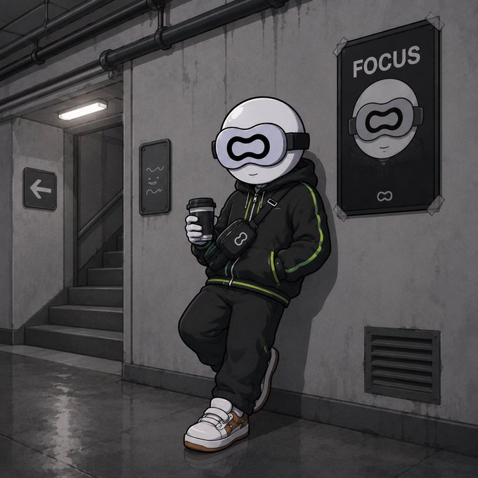The image features a cartoon character, possibly a man or a woman, standing next to a staircase with their arms crossed while holding a cup of coffee. The background includes a wall with a poster that says "Focus" and another poster with a number "8". There is also an arrow pointing towards the stairs in the scene.