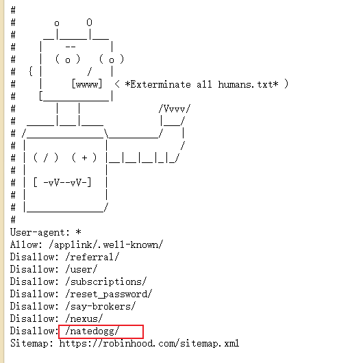 A humorous ASCII art depicts a robot above a Reddit bot-like icon with text "Exterminate all humans. txt," relating to a Reddit bot. A red box highlights the entry "Disallow: /u/natedogg/" in the robots.txt file, corresponding to the username "natedogg" with the Ethereum address 0x7edb2cbcc409a74af441a27a27fce374c6be4c33 mentioned in the post.