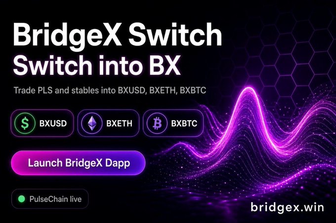 Promotional graphic for BridgeX Switch with the headline 'Switch into BX' and tagline 'Trade PLS and stables into BXUSD, BXETH, BXBTC,' featuring three token options (BXUSD, BXETH, BXBTC), a 'Launch BridgeX Dapp' button, 'PulseChain live' indicator, and the URL bridgex.win.