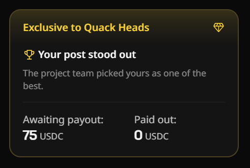 A notification from Wallchain's "Exclusive to Quack Heads" program congratulating the user on winning, showing "Your post stood out" with an awaiting payout of 75 USDC and 0 USDC paid out, which corresponds to the user's claim of earning $75 from a single tweet campaign participation.