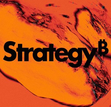 The image displays the word "Strategy" in bold black text alongside a Bitcoin symbol, set against an orange and black marbled background, visually representing the branding of MicroStrategy ($MSTR). This aligns with the accompanying quote highlighting Strategy's prominent position as a major equity capital raiser and its bullish stance on Bitcoin, reinforcing the company's identity as a leading corporate Bitcoin holder.