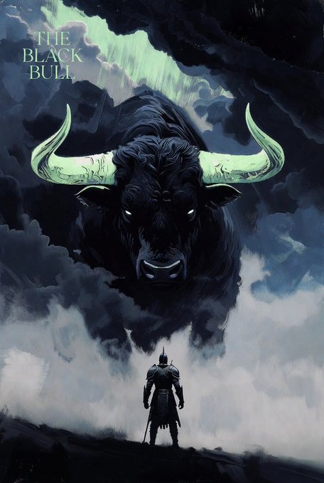 A fantasy illustration titled 'The Black Bull' depicting a massive dark bull with glowing green horns looming in stormy clouds above a lone armored warrior, with green aurora-like light in the background.