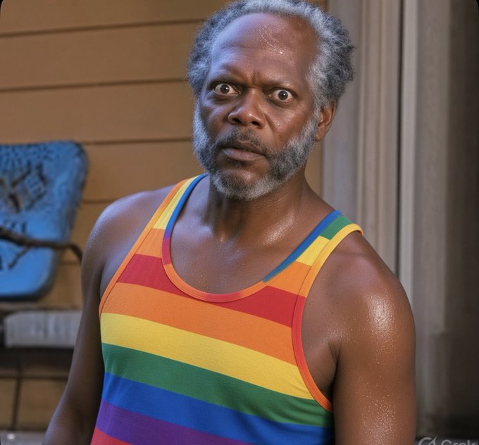 The image features Samuel L. Jackson with a surprised expression, wearing a rainbow-striped tank top. The caption relates to the post's reference to the $GAY meme coin, with the rainbow shirt visually playing on the coin's name and LGBTQ+ theme.
