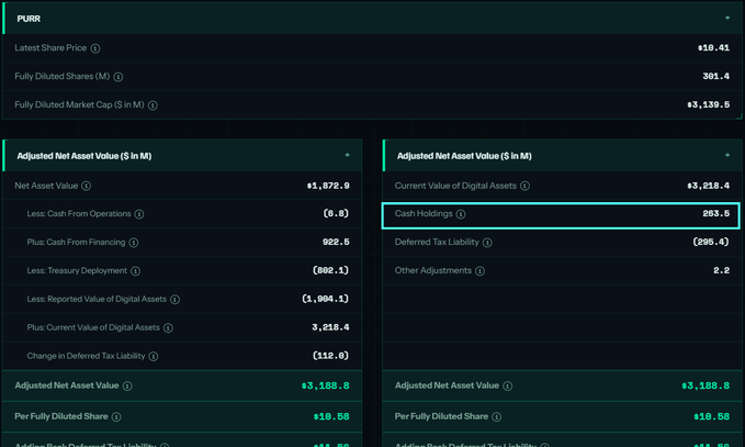 A financial dashboard screenshot showing 'PURR' token data including a Latest Share Price of $10.41, 301.4M Fully Diluted Shares, and a $3,139.5M Market Cap. It displays Adjusted Net Asset Value calculations with Cash Holdings of 283.5 highlighted, ending with an Adjusted NAV of $3,188.8M and Per Fully Diluted Share of $10.58.