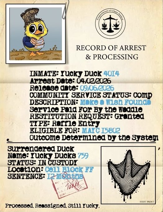 A "Record of Arrest & Processing" document for Yucky Duck #4014, featuring a cartoon duck wearing a beanie in the top-left corner, details a 12-month sentence beginning 04/02/2026 with community service for Make-A-Wish and a Mayc #15802 raffle ticket restitution, accompanied by a wavy footprint stamp and the caption "Processed. Reassigned. Still Yucky."