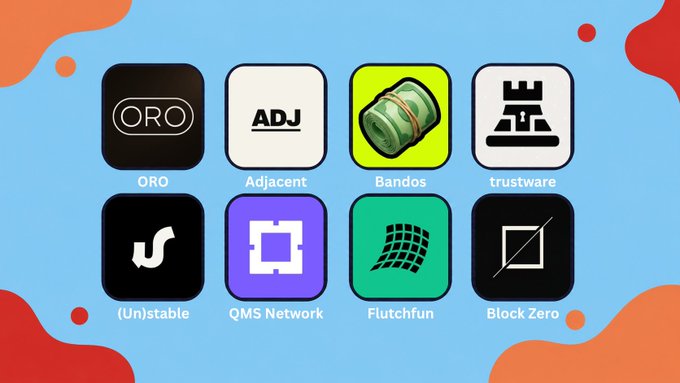 A digital display showing eight app/crypto icons labeled ORO, Adjacent, Bandos, trustware, (Un)stable, QMS Network, Flutchfun, and Block Zero on a blue and orange background.