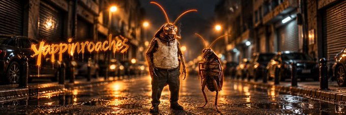 A rainy nighttime city street features two giant cockroach characters, with the fiery word “Yappinroaches” displayed on the left. The banner visually promotes the Solana token “$YAPROACH,” matching the community post announcing its addition to Moby.