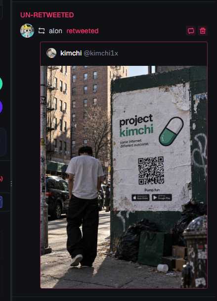A screenshot of an “UN-RE-TWEETED” post shows a street scene with a “project kimchi” wall ad, QR code, and “Punch.fun” app badges. The post discusses the new $KIMCHI token allegedly reaching a $10M+ market cap after users farmed it via the QR code and it was later removed.